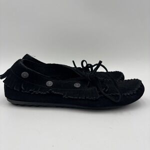 Minnetonka Black Suede Leather Loafers Fringed Moccasins Womens Size 8.5 Studded